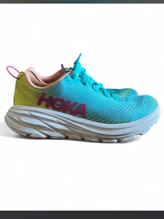 Hoka One One Shoes - Hoka Woman Turquoise & Yellow Athletic Sneaker with Pink Logo